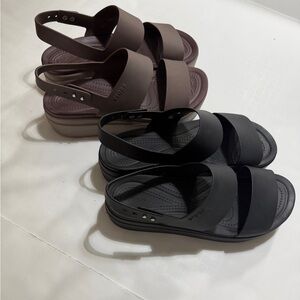 2 Pairs CROCS Women's Black and Brown low wedge sandals